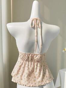 Elamini Áo croptop hai dây cổ chữ V khoét sâu, họa tiết hoa nhí màu vàng, gợi cảm, hở lưng, thích hợp cho mùa xuân/hè. - trái cam - Xem 2