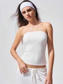 Menodora SHEIN Sport 女士纯色白色针织修身抹胸 - 杏色 - 查看 3