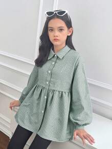 SHEIN 青少年女孩休闲马球领格纹灯笼袖宽松可爱上衣 - 薄荷綠 - 查看 3
