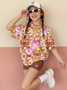 SHEIN 2 piezas Conjunto casual para niñas: Camiseta holgada con estampado de Lulicore en rosa y marrón y pantalones cortos elásticos de tipo ciclista, adecuados para el verano