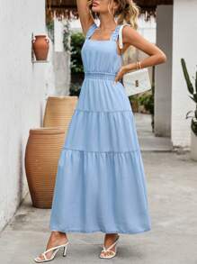 Women's Fashion Front-Open Elegant Solid Color Waisted Long Dress - Light Wash - View 4