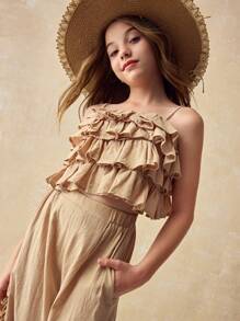 Ontre Tween Girls' Casual Ruffle Trim Camisole And Pants 2pcs Set - Khaki - View 4