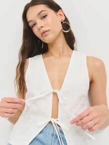 Nöista Sleeveless Swiss Embroidery Crop Top With Deep V-Neck And Double Front Ties. Light And Romantic-Perfect For 4th Of July, Beach Looks, Or Celebration Party! - White - View 6