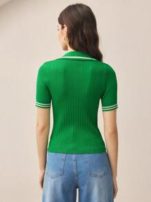 BizChic 2025 Nuevo verano Mujer Verde Blusa de punto de manga corta con media abertura y contraste de color, Uso casual de negocios para el día a día, Elegante para vacaciones y bodas, Festival de música campestre, Moda de aeropuerto, Vintage de los 90, 4 de julio - Verde - Ver 3
