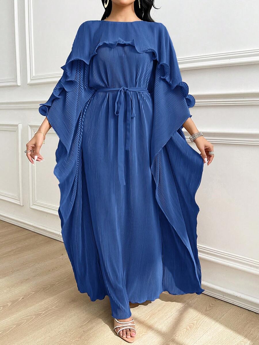 Al Najma 女士纯色圆领蝙蝠袖荷叶边宽松阿拉伯风格连衣裙 - 藍色 - 查看 1