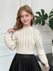 SHEIN Suéter corto de punto de cable en color beige liso con hombros caídos para niña preadolescente, para uso diario