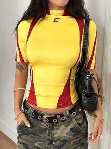 Coolane 女式夏季街头时尚高领修身图案弹力足球黄色球衣 T 恤 - 彩色 - 查看 5