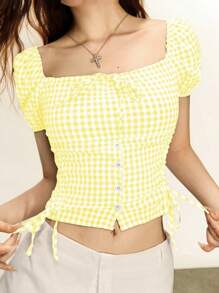 Rina Fox 方领格纹印花休闲蝴蝶结短袖侧开衩衬衫，黄色上衣 - 黃色 - 查看 5