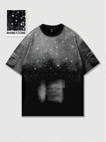 ROMWE MEN Street Life Men's Grunge Casual Rhinestone Splicing Round Neck Short Sleeve T-Shirt, Summer, Rave - Black - View 1