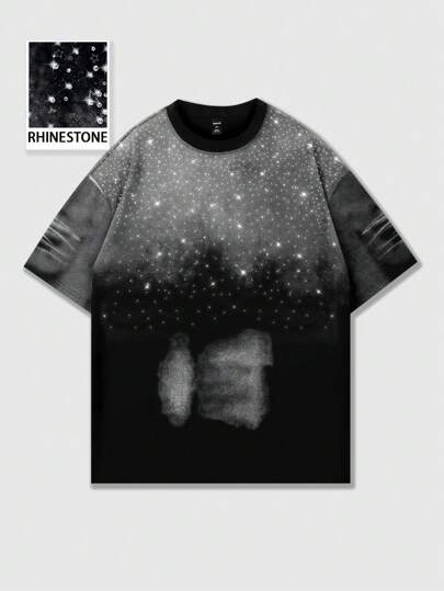 Street Life Men's Grunge Casual Rhinestone Splicing Round Neck Short Sleeve T-Shirt, Summer, Rave