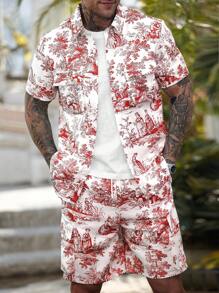 Manfinity RSRT 男士热带印花度假休闲衬衫和短裤套装