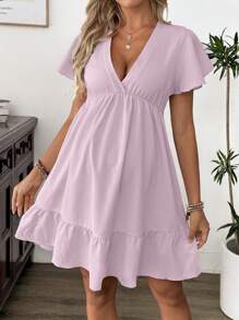 SHEIN Maternity Deep V-Neck Casual Midi Dress With Short Sleeves, Summer