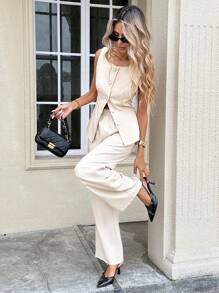 SHEIN Frenchy 2pcs Women Square Neck Solid Color Sleeveless Single Button Up Top And Loose Fit Wide Leg Pants Set Summer Casual - Apricot - View 5