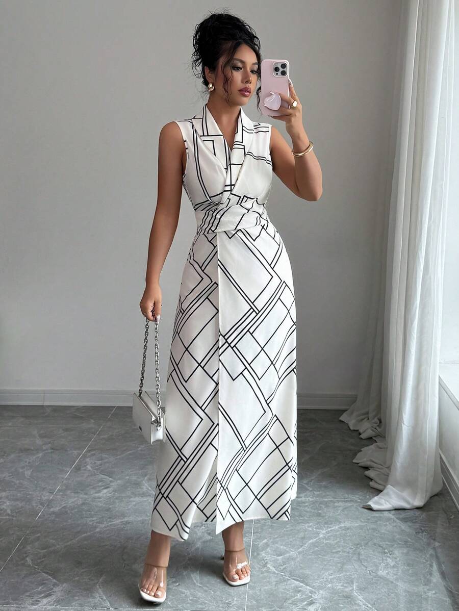 Elenzga Vestido Midi Geométrico sem Mangas com Gola e Cintura Marcada, Verão - Damasco - Visão 1