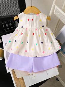 SHEIN 女婴白色纯色提花纹理面料圆领无袖短款褶皱吊带背心，彩色波尔卡圆点印花，搭配粉色松紧腰紫色短裤，舒适优雅的假日休闲春夏装 - 淡紫色 - 查看 3