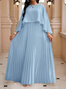 Fleurora Plus Size Solid Color Pleated Elegant Dress, Fashionable For Summer,Maxi Dress,Wedding Guest Dress Women Valentine's Day Outfit - Blue - View 5