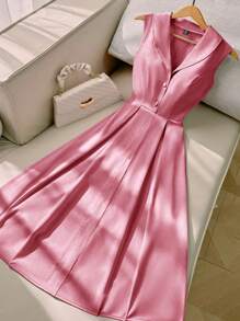 Flirla 加大码女式纯色荷叶边领扣前开襟无袖衬衫裙，适合约会派对、生日派对、办公室、度假、夏季、商务休闲