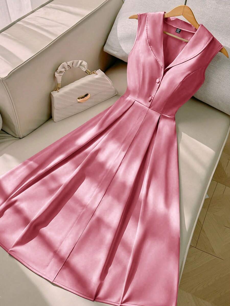 Flirla 加大码女式纯色荷叶边领扣前开襟无袖衬衫裙，适合约会派对、生日派对、办公室、度假、夏季、商务休闲