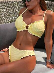 Swim Vcay Summer Solid Color Jacquard Fabric Cute Frill Trim Adjustable Tie Strap Casual Beach Bikini Set