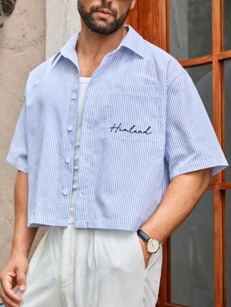 HIMLAND Men's Casual Letter Embroidery Pocket Woven Loose Fit Short Sleeve Shirt Men Cropped Button Up Shirt Blue Striped Shirt Boyfriend Shirts Men Summer Shirt Short Sleeve Button Up Shirt The Weekend Shirt Husband Shirt, Old Money
