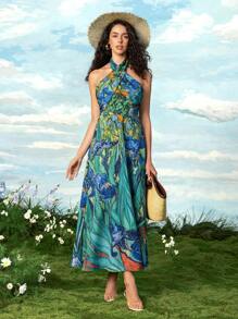 SHEIN Touch of Art 女士花卉印花无袖交叉挂脖长裙