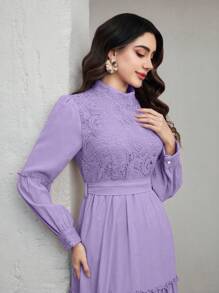 Graceveil Women's Solid Color Lace Splicing Stand Collar Long Sleeve Elegant Dress