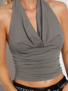 SHEIN EZwear Áo crop top hở lưng cổ tròn trơn màu mùa hè cho nữ - Xám - Xem 6
