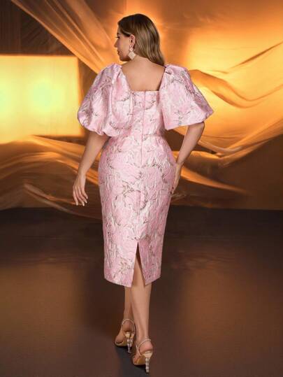 SHEIN Belle Plus Size Summer Elegant Romantic Pink Bright Silk Jacquard Satin Sweetheart Neck Bubble Short Sleeves Fishbone V-Shaped Waist Hip-Wrapped Short Skirt Suitable For Dinner Bachelorette Party Date Dance Holiday Music Festival Homecoming Season Graduation Season Wedding Event Cocktail Tea Party Dress,Birthday Dress,Graduation,Teacher Outfits For Women,Teacher Dress Date Night Outfits Women