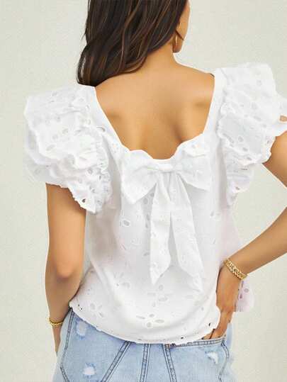 Wildy Blusa de moda con cuello cuadrado, mangas abullonadas y bordado con efecto quemado