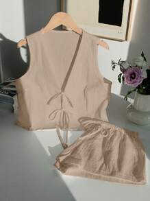 Comfortcana Women's Beige Lace-Up Front Sleeveless Crop Top And Shorts 2 Pieces Casual Set - Apricot - View 3