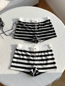 Comfortcana 2-Pack Women's Summer Striped Casual Shorts For Daily Wear - Black and White - View 3
