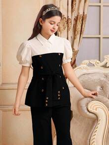 Tween Girls Elegant Color Block Puff Sleeve Shirt & Pants 2 Pieces Set - Black and White - View 3