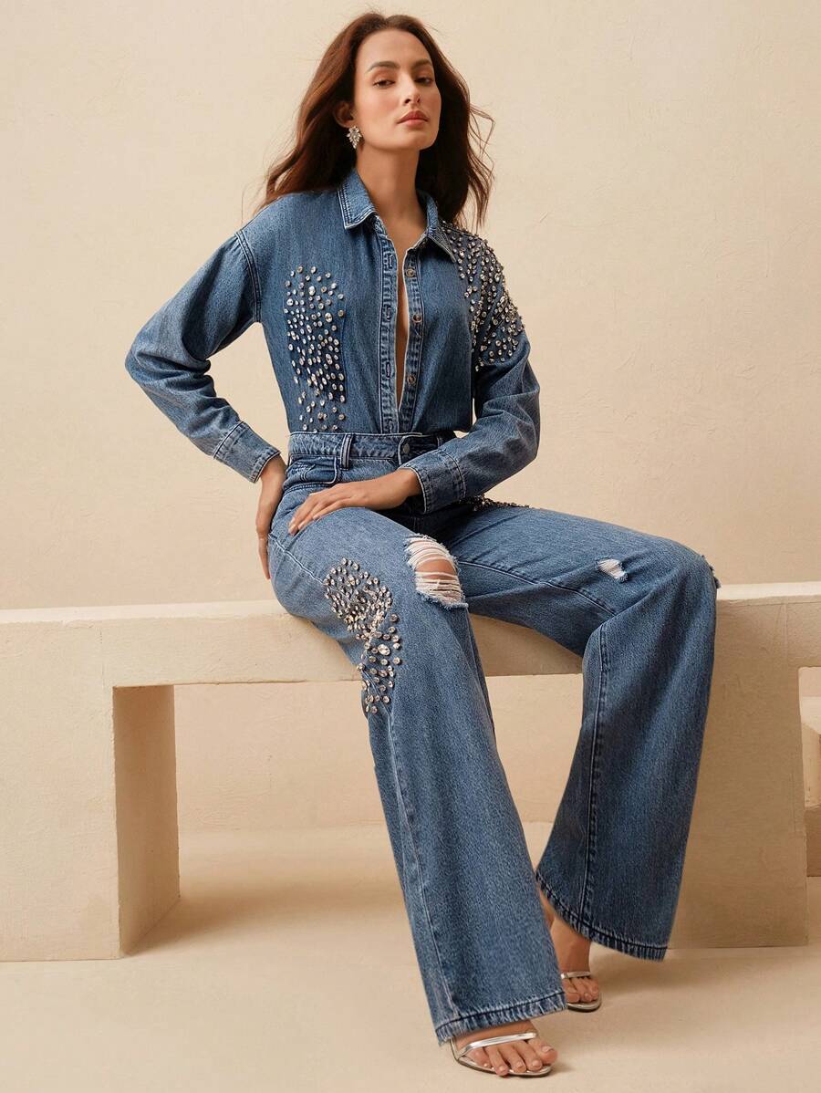 Anewsta Quần jeans nữ ống đứng màu xanh rách đính kim cương lấp lánh thời trang mới, thích hợp cho tiệc Valentine. - Màu xanh lam - Xem 1