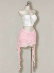 SHEIN ICON Falda de tul rosa con volantes, pliegues y ruedo con volantes, talla grande, para primavera - Rosa Pálido - Ver 6