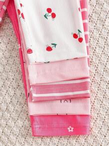 SHEIN Playful Pals 5 件套女婴松紧腰针织罗纹图案印花打底裤，粉色和白色罗纹花卉樱桃可爱时尚柔软舒适百搭休闲日常穿着，弹性适合夏季 - 彩色 - 查看 3