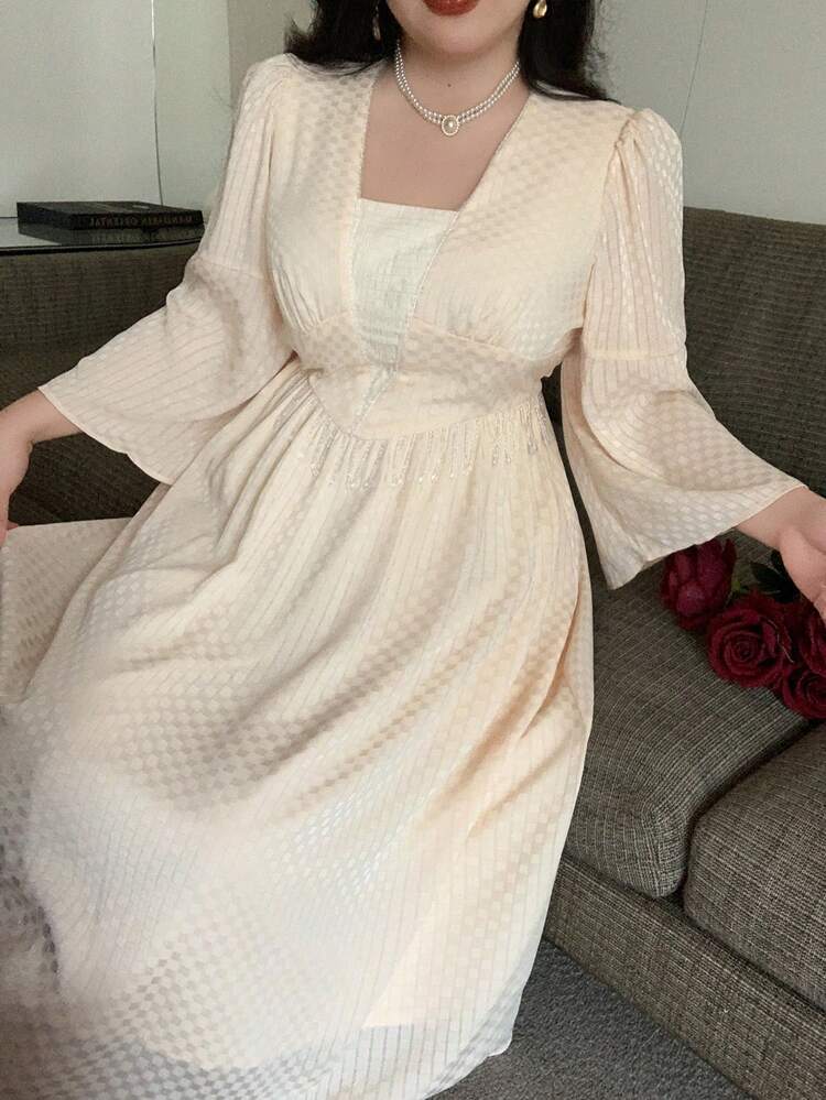 Dazy Plus Plus Size Bell Sleeve Sequin Plaid Print 2 In 1 Long Chiffon Summer Dress Prom Dress Elegant Women Dresses Maxi Dress