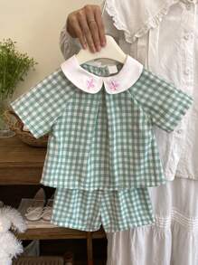 SHEIN Vintaside Kids 2件套女婴新生儿优雅公主风彼得潘领上衣+短裤套装，春夏款 - 綠色 - 查看 5