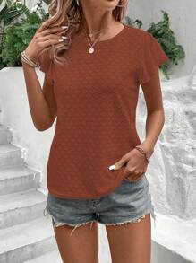 SHEIN LUNE 女士休闲纯色圆领短袖上衣，夏季 - 鏽棕色 - 查看 4