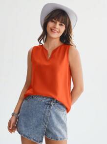 SHEIN LUNE 缺口領無袖襯衫 - 橘色 - 查看 5