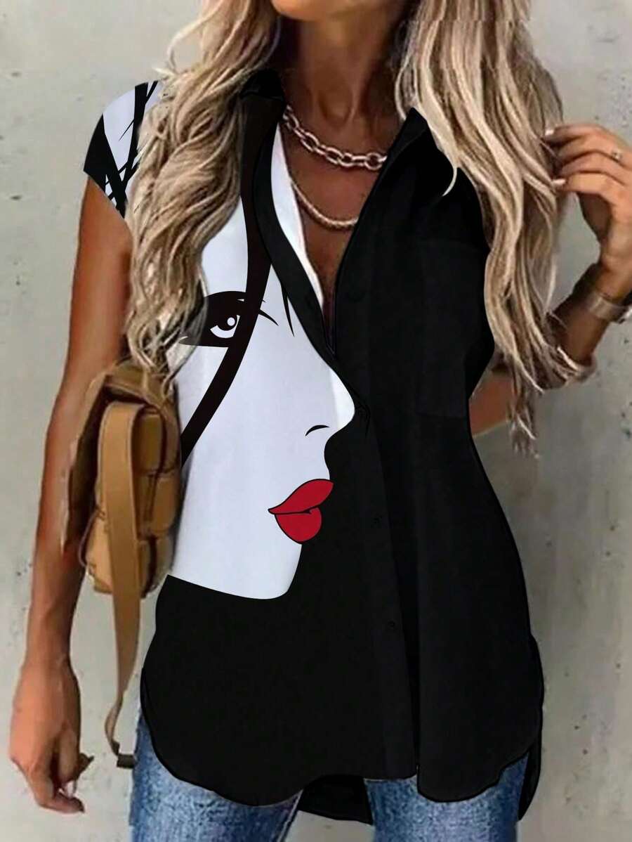 EMERY ROSE 翻领卡通人物印花纽扣前开长袖衬衫 - 黑色 - 查看 1