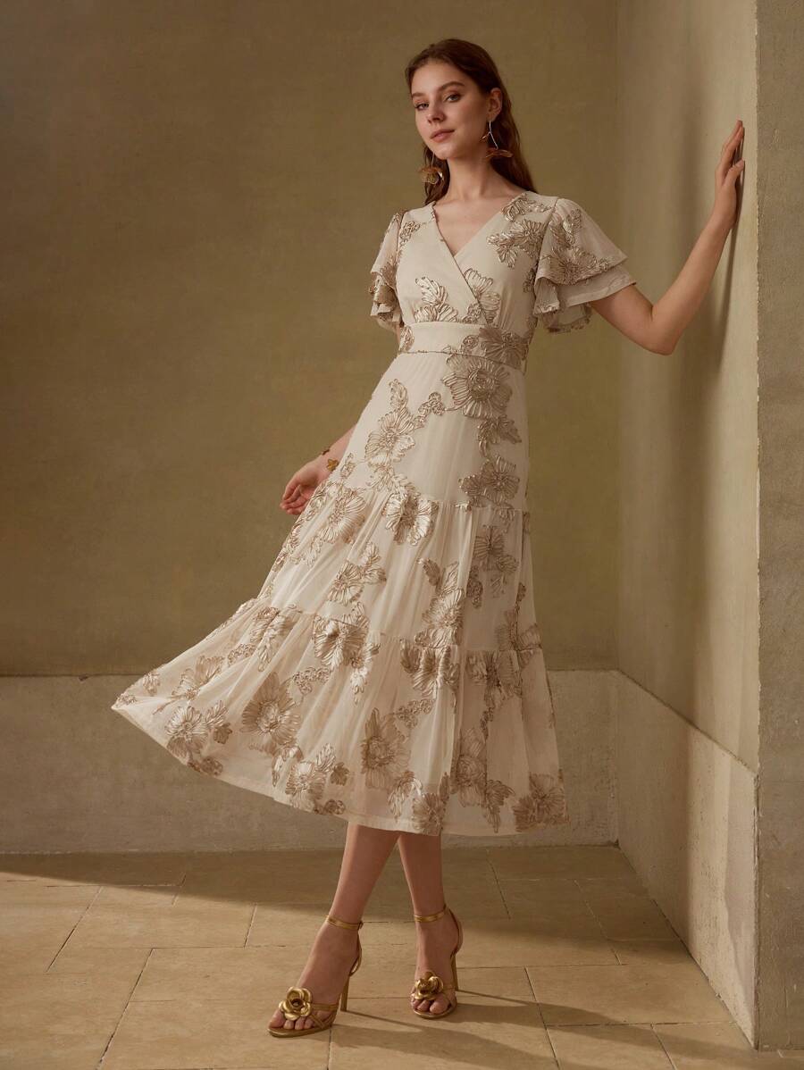 MOTF PREMIUM VESTIDO CON VOLANTES Y BORDADOS - Caqui - Ver 1
