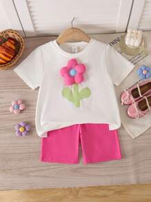 Set de 2 piezas: Camiseta de manga corta con decoración floral delantera + Pantalones cortos deportivos y de ciclismo simples, conjunto de verano casual para niñas