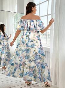 SHEIN Clasi فستان كتف مكشوف بطبعات أزهار أنيقة للمقاسات الكبيرة