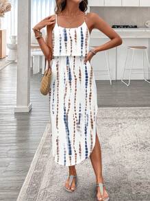 EMERY ROSE Plus Size Women Red & Blue Stripe Tie-Dye Elastic Waist Split Hem Sleeveless Dress, Comfortable For Summer Boho Suitable For Going Out Chic Dress - Multicolor - View 3