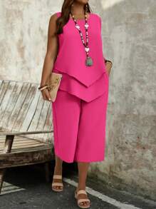 EMERY ROSE Conjunto de 2 piezas de top sin mangas verde simple y pantalones 3/4 para mujer de talla grande, conjunto de 2 piezas para mujer, conjunto de 2 piezas de verano para mujer, conjunto de pantalón rosa caliente para mujer, conjunto de traje de pantalón de verano, regalo para la madre, ropa bohemia, primavera, atuendos de rave, atuendos de campo para mujer - Rosa Fucsia - Ver 4