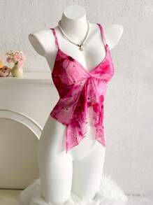 Sweetina Women's Pink Floral Print Ruffle Hem V-Neck Vacation Casual Cami Top - Multicolor - View 7