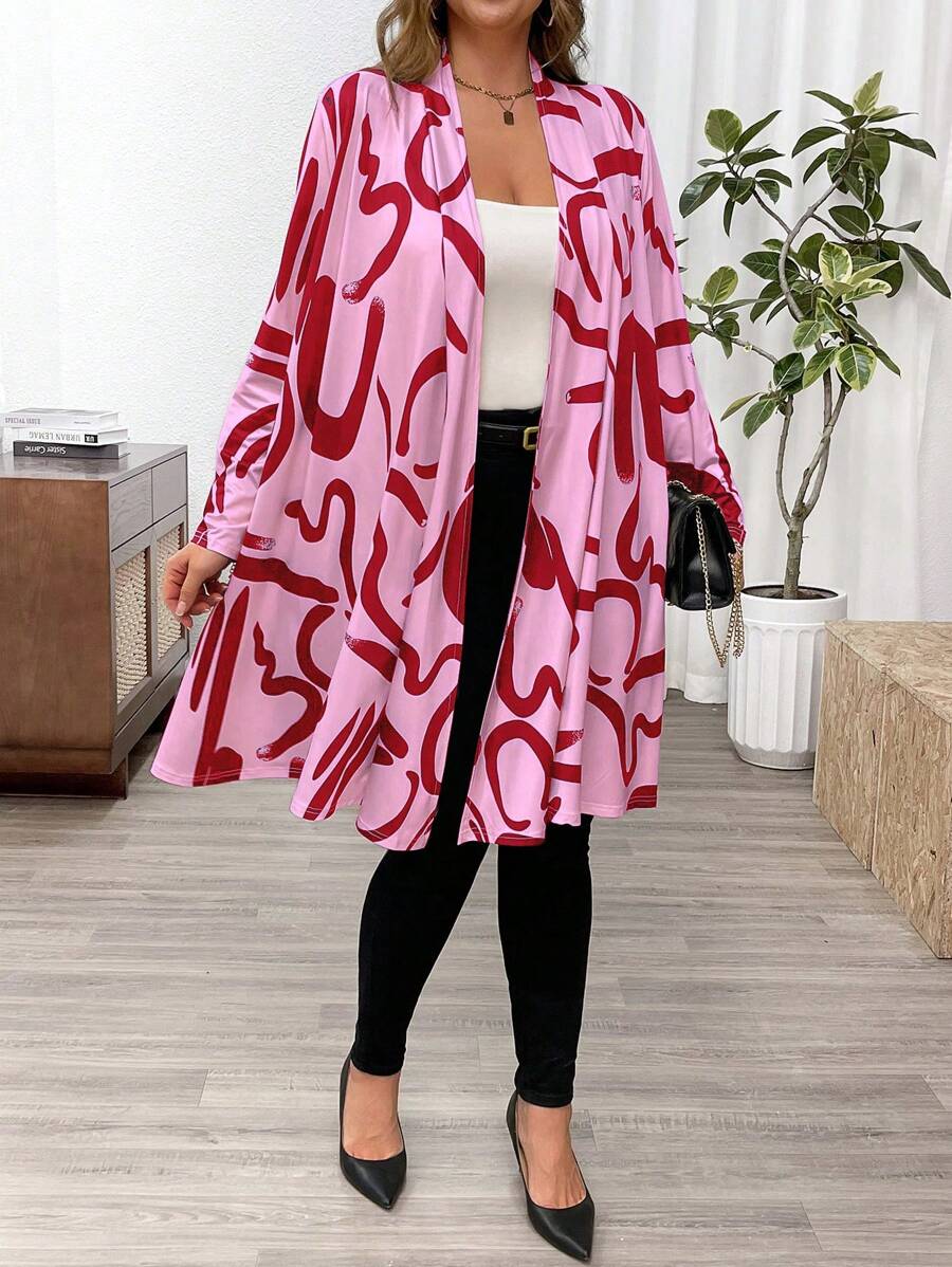 Flirla Áo khoác dài in họa tiết sọc thường ngày cỡ lớn cho nữ - Hồng - Xem 1