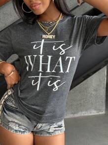 Rovax Áo thun họa tiết khẩu hiệu It Is WHAT It Is Áo thun họa tiết nữ - Màu xám đen - Xem 4