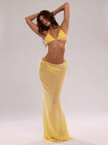 SHEIN BAE Conjunto de bikini de verano para mujer de unicolor con volantes multicapa, escote halter con lazo en el cuello, sexy, con cobertor y media falda - Amarillo - Ver 3