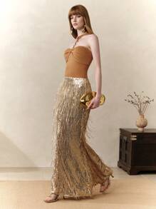 Arave 女士亮片流苏银色美人鱼裙，个性化派对，春夏优雅晚礼服，伴娘裙，宴会，节日服装女士，婚礼宾客裙女士 - 金色 - 查看 4